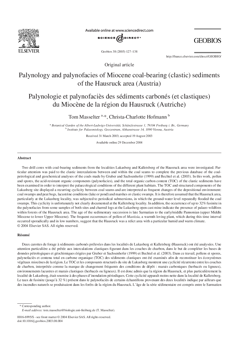 Palynology and palynofacies of Miocene coal-bearing (clastic) sediments of the Hausruck area (Austria)