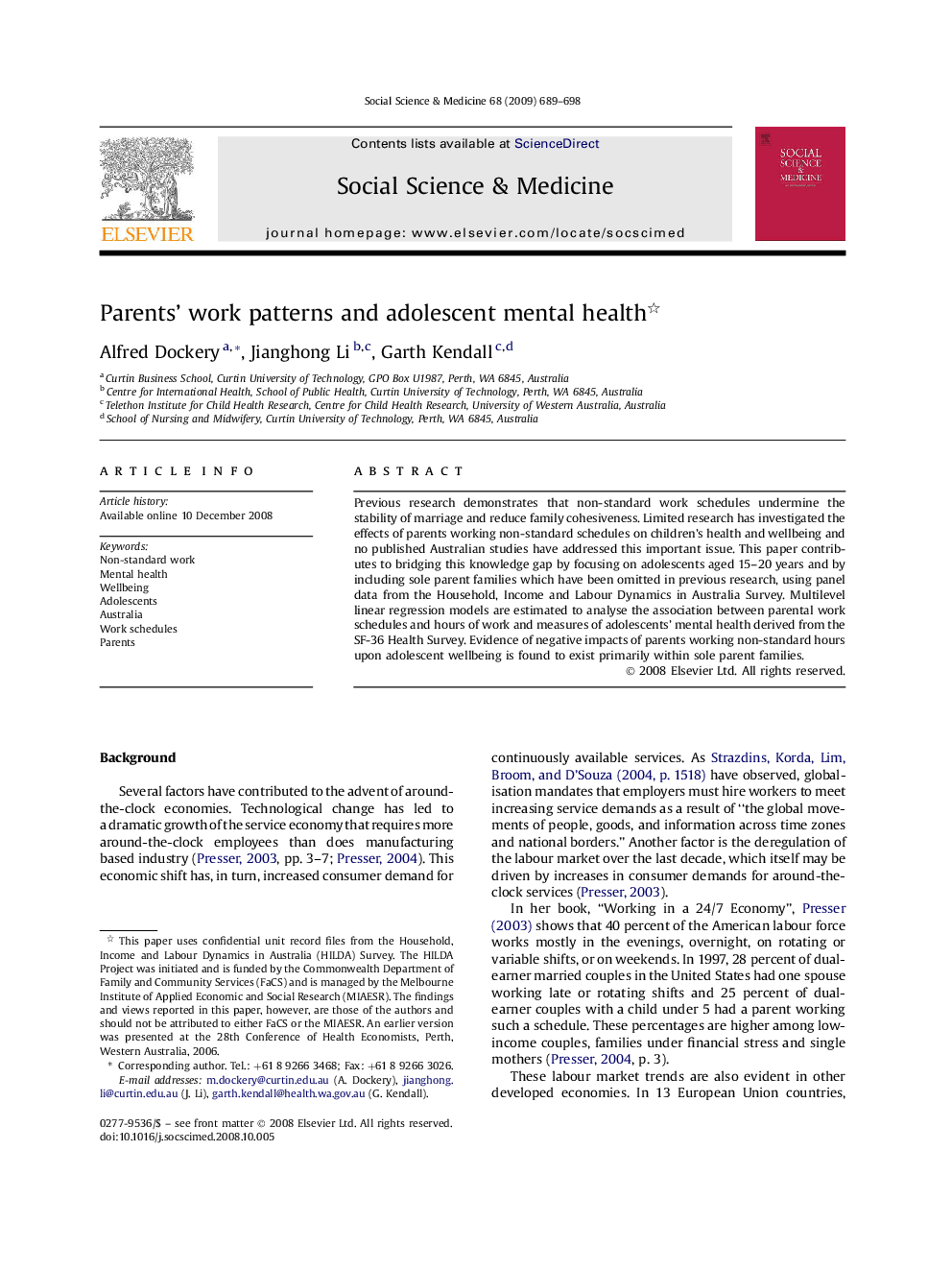 Parents' work patterns and adolescent mental health 