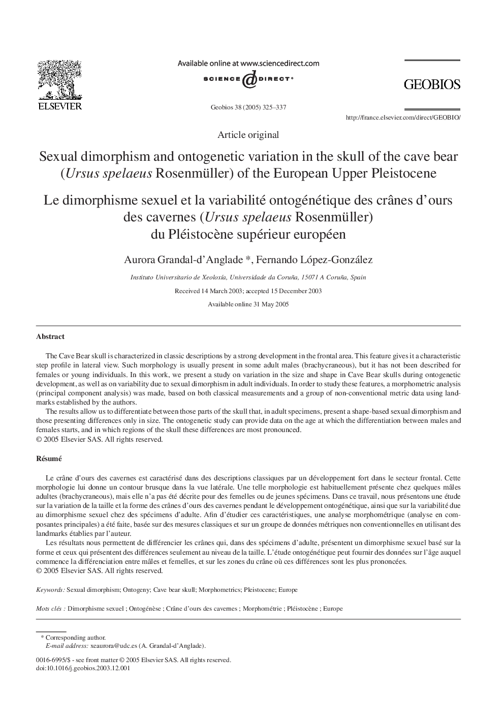 Sexual dimorphism and ontogenetic variation in the skull of the cave bear (Ursus spelaeus Rosenmüller) of the European Upper Pleistocene