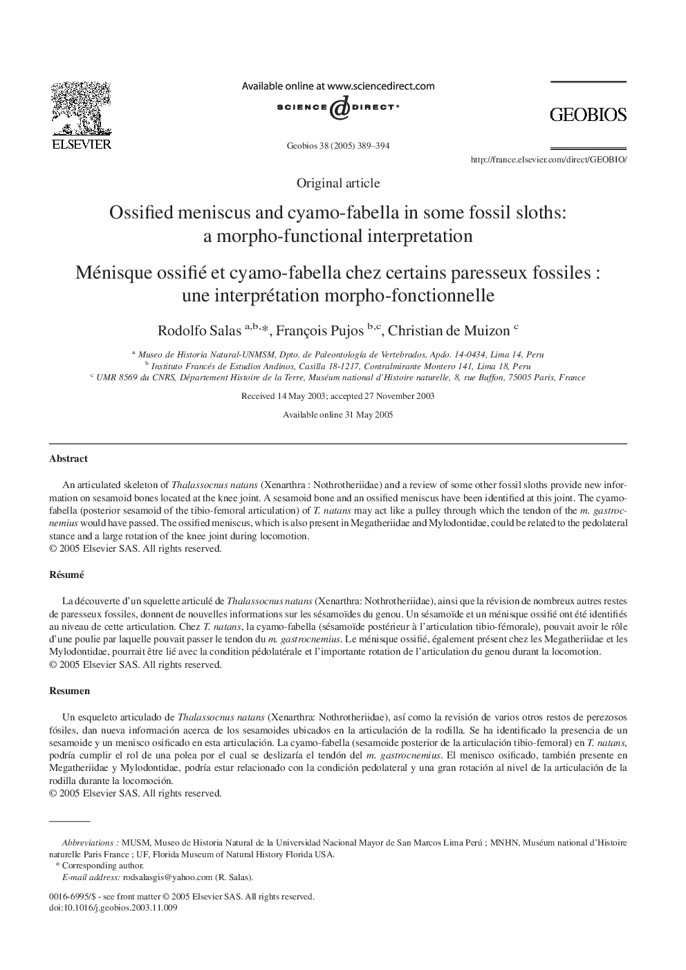 Ossified meniscus and cyamo-fabella in some fossil sloths: a morpho-functional interpretation