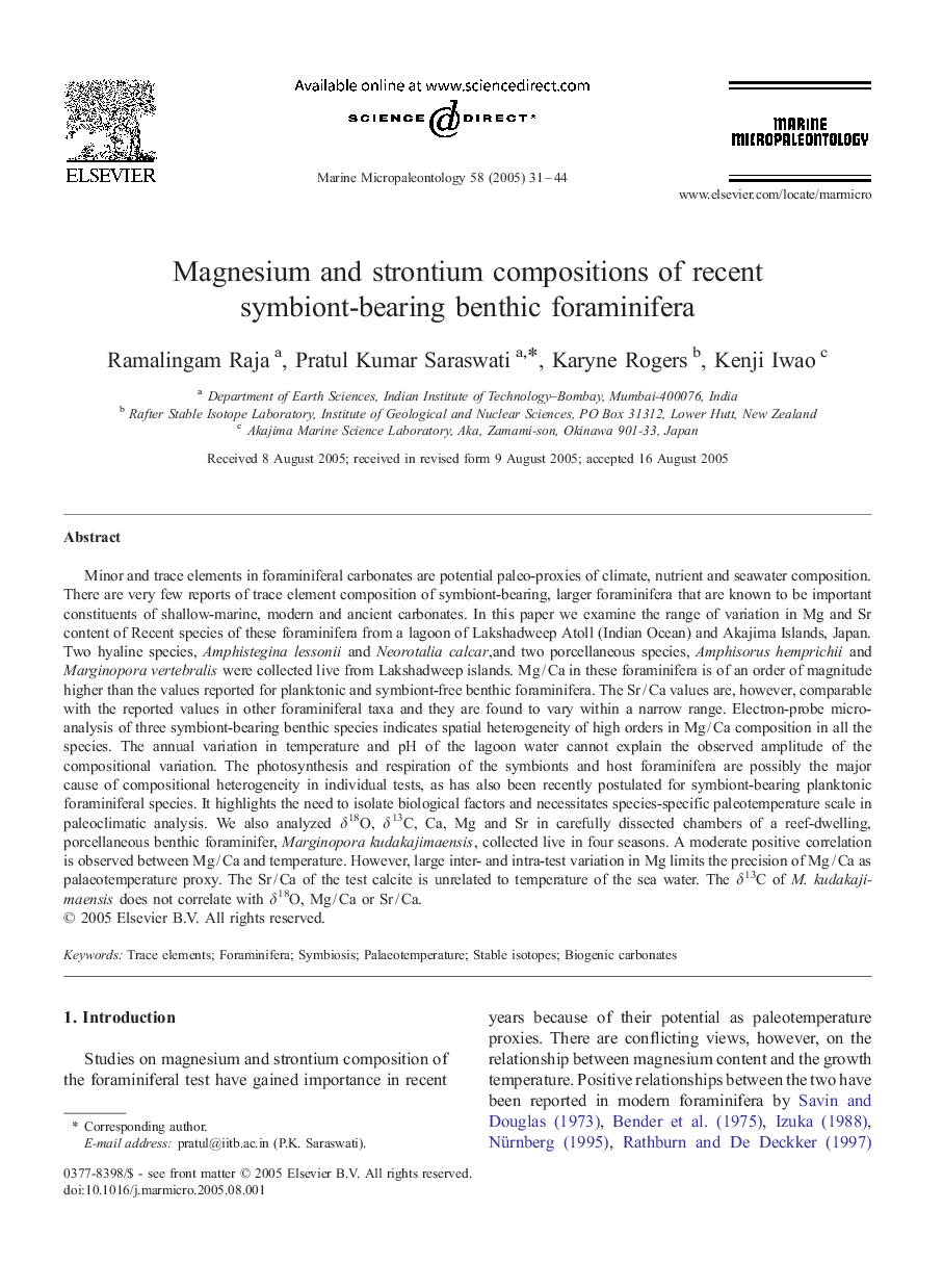 Magnesium and strontium compositions of recent symbiont-bearing benthic foraminifera