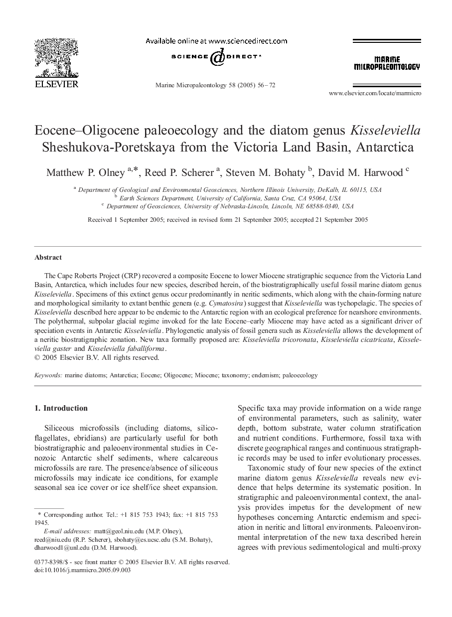 Eocene-Oligocene paleoecology and the diatom genus Kisseleviella Sheshukova-Poretskaya from the Victoria Land Basin, Antarctica