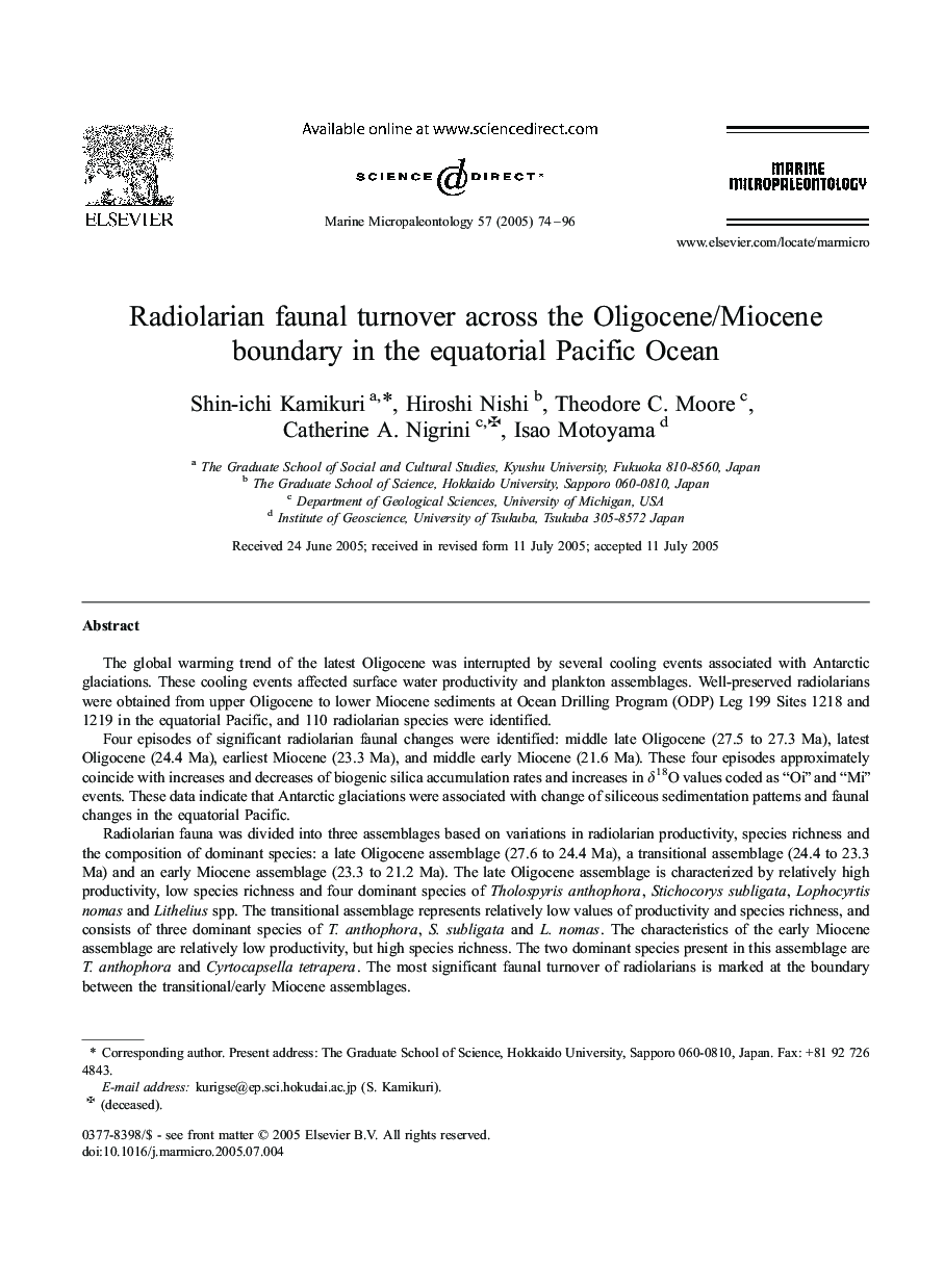 Radiolarian faunal turnover across the Oligocene/Miocene boundary in the equatorial Pacific Ocean