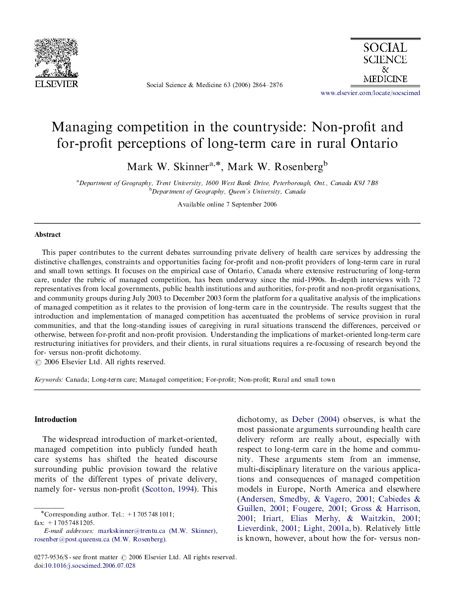 Managing competition in the countryside: Non-profit and for-profit perceptions of long-term care in rural Ontario