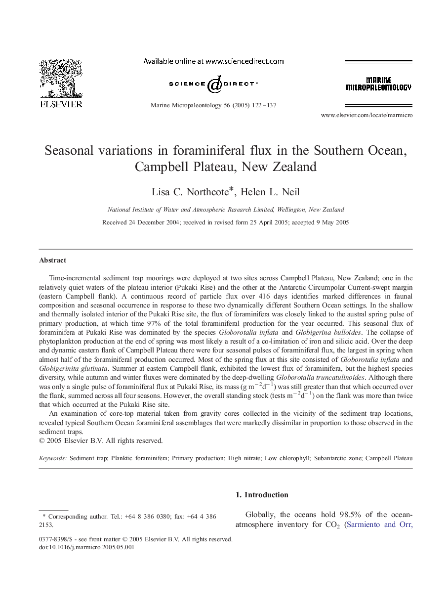 Seasonal variations in foraminiferal flux in the Southern Ocean, Campbell Plateau, New Zealand