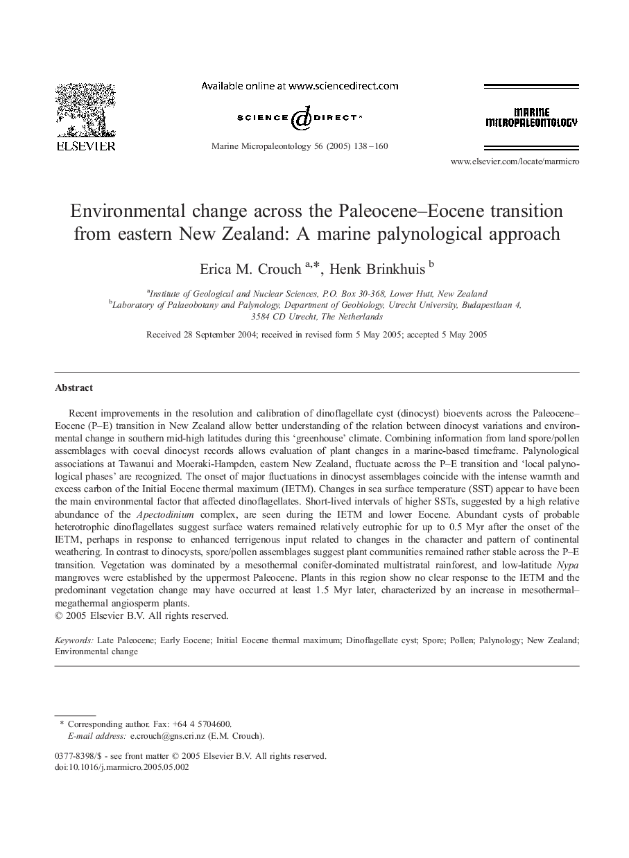 عکس صفحه اول مقاله: Environmental change across the Paleocene-Eocene transition from eastern New Zealand: A marine palynological approach Environmental change across the Paleocene-Eocene transition from eastern New Zealand: A marine palynological approach