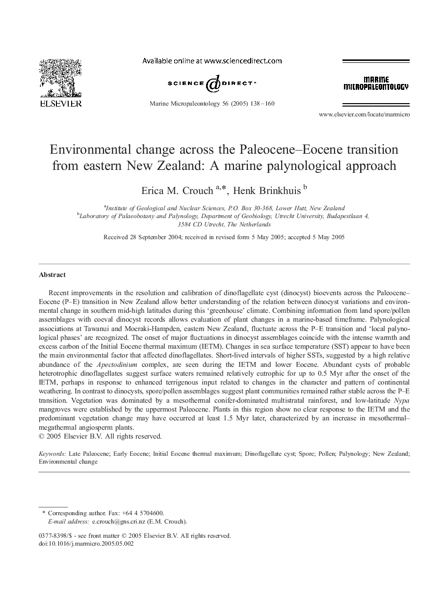 Environmental change across the Paleocene-Eocene transition from eastern New Zealand: A marine palynological approach