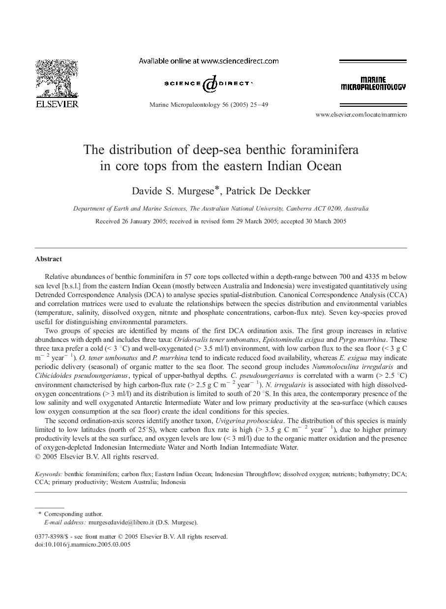 The distribution of deep-sea benthic foraminifera in core tops from the eastern Indian Ocean