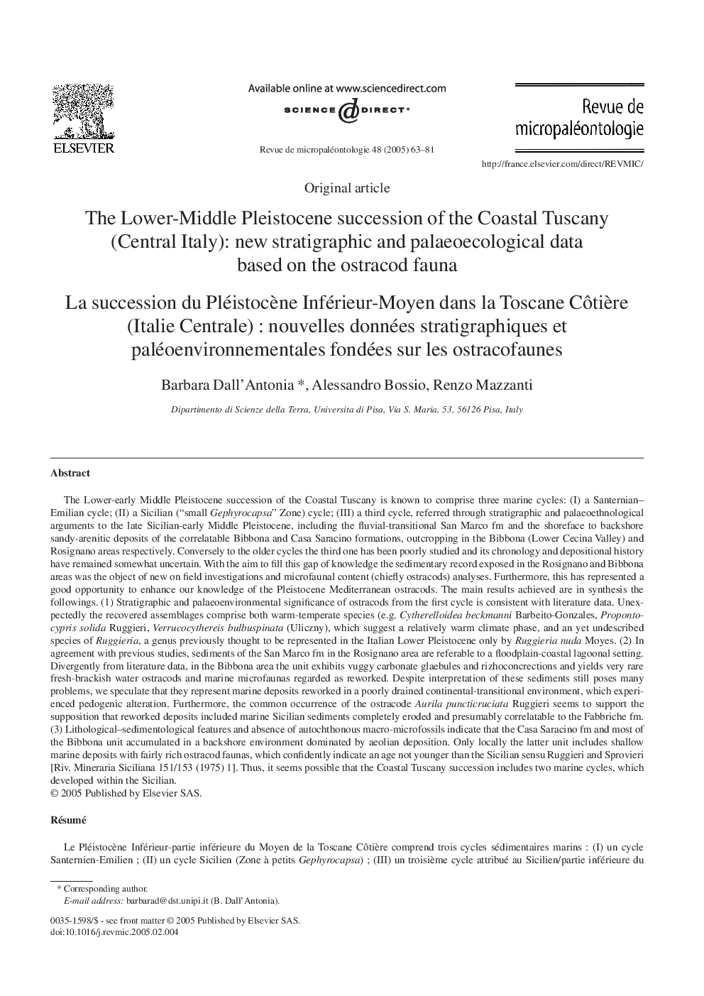 The Lower-Middle Pleistocene succession of the Coastal Tuscany (Central Italy): new stratigraphic and palaeoecological data based on the ostracod fauna