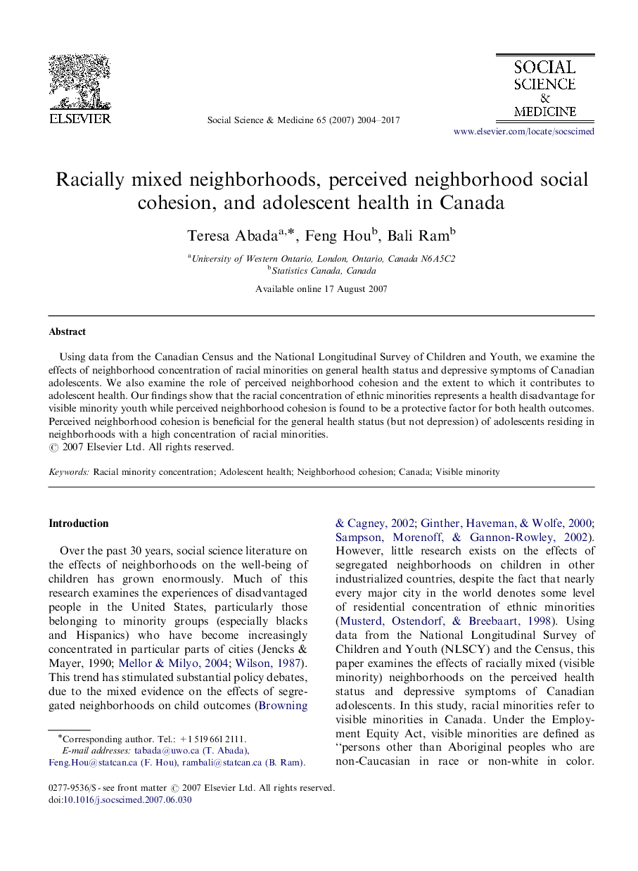 Racially mixed neighborhoods, perceived neighborhood social cohesion, and adolescent health in Canada