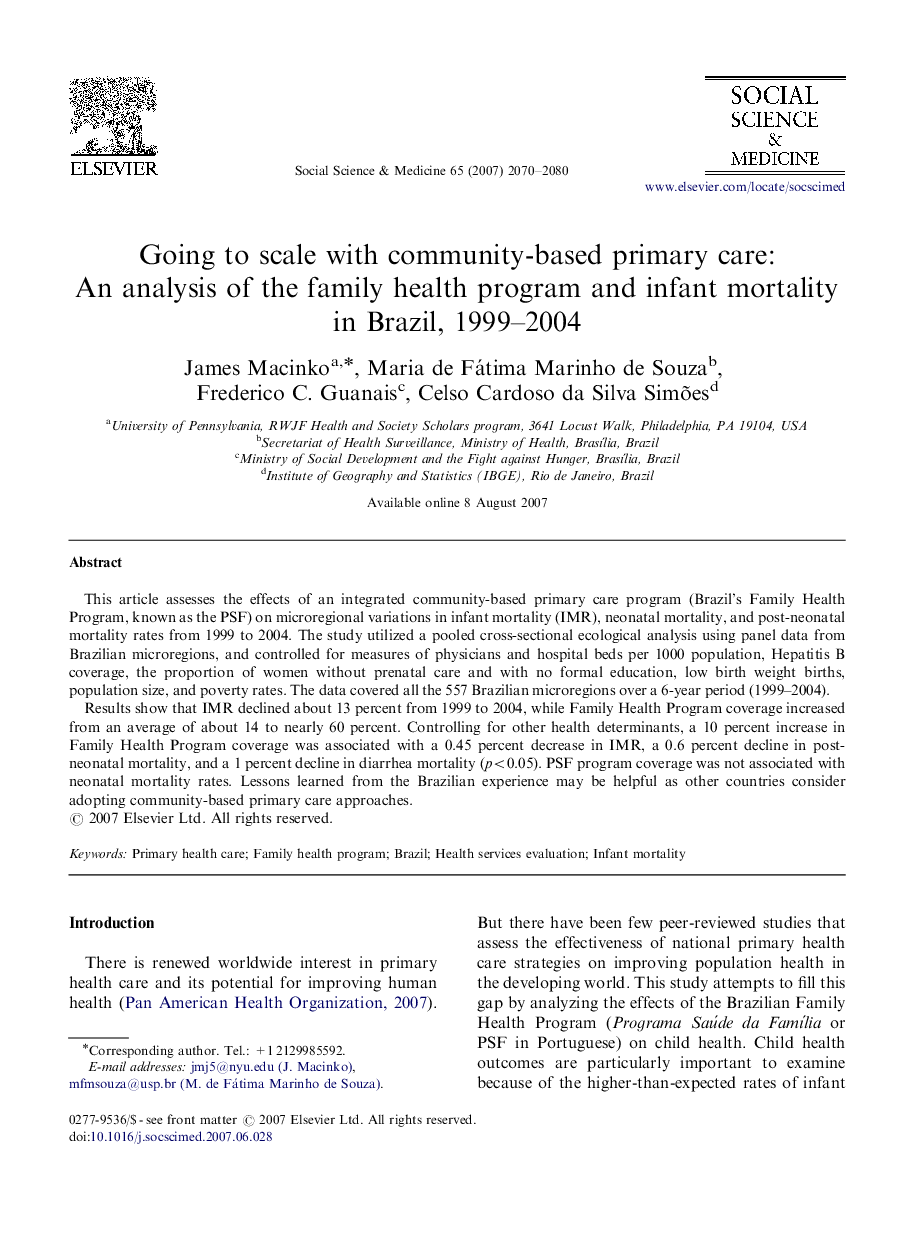 Going to scale with community-based primary care: An analysis of the family health program and infant mortality in Brazil, 1999–2004