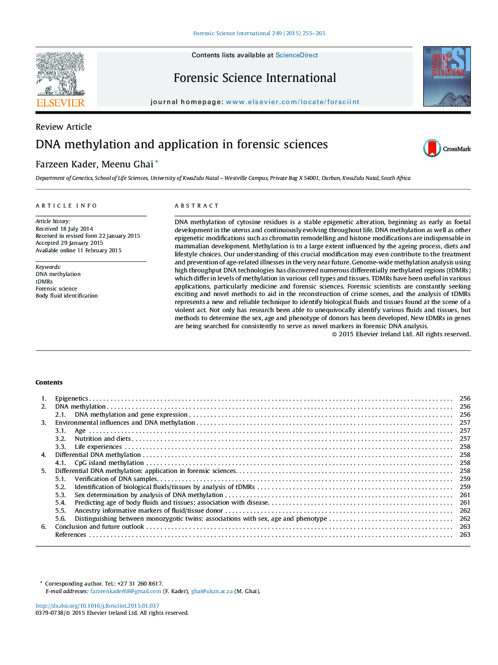 DNA methylation and application in forensic sciences