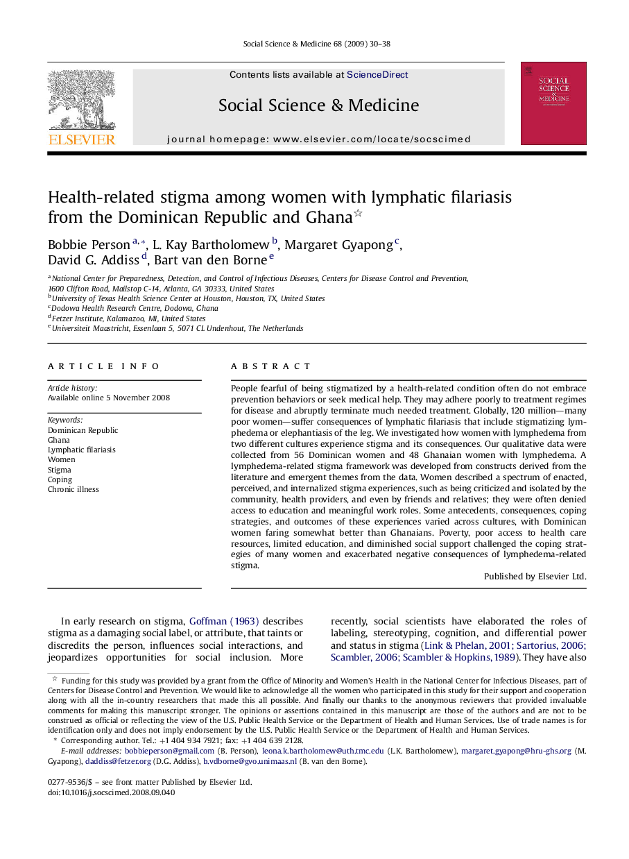 Health-related stigma among women with lymphatic filariasis from the Dominican Republic and Ghana 