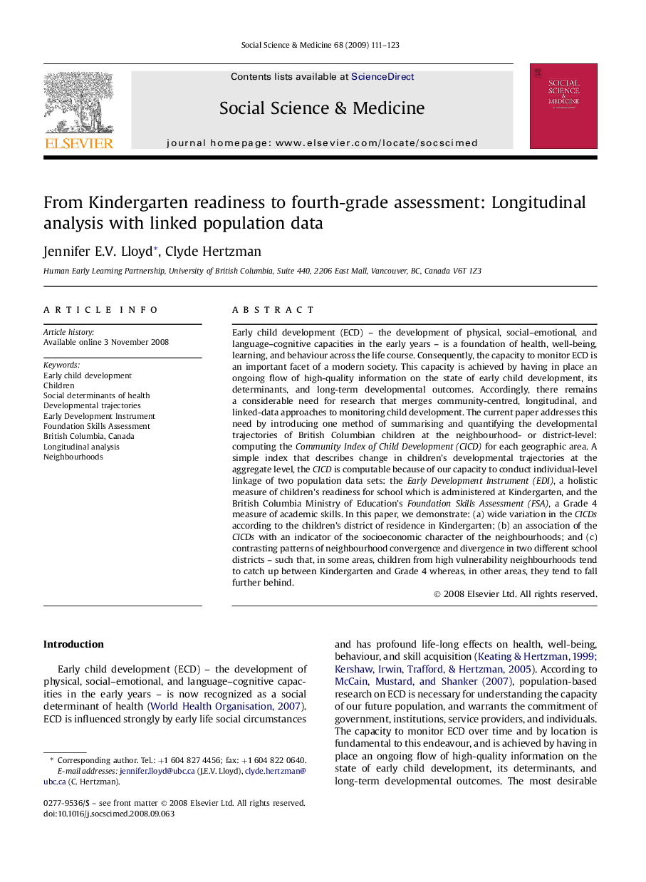 From Kindergarten readiness to fourth-grade assessment: Longitudinal analysis with linked population data