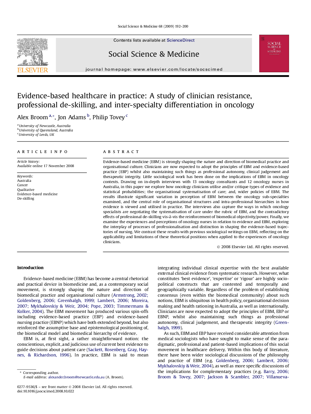 Evidence-based healthcare in practice: A study of clinician resistance, professional de-skilling, and inter-specialty differentiation in oncology