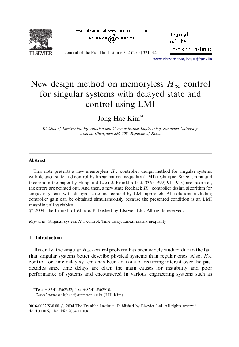 New design method on memoryless Hâ control for singular systems with delayed state and control using LMI