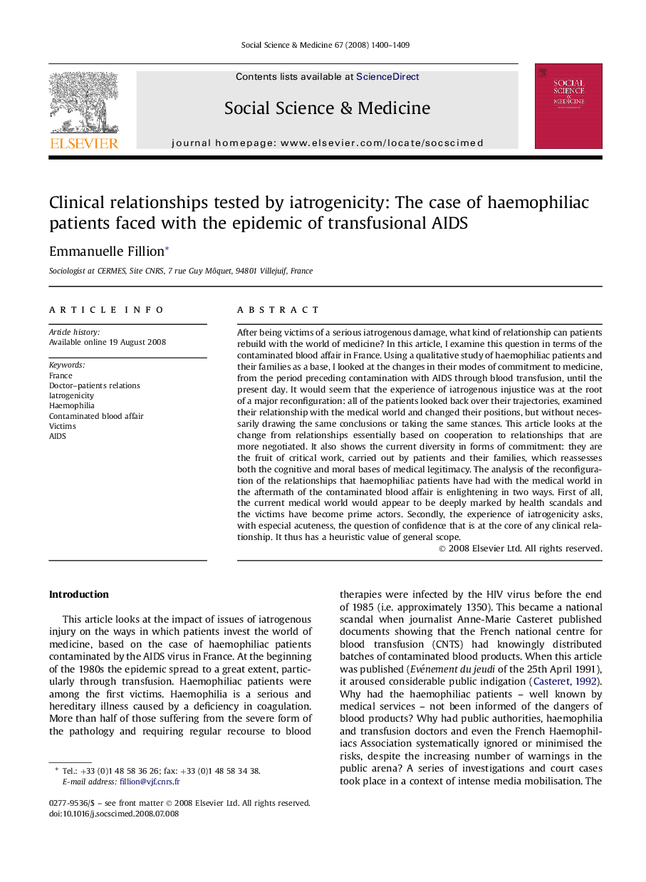 Clinical relationships tested by iatrogenicity: The case of haemophiliac patients faced with the epidemic of transfusional AIDS