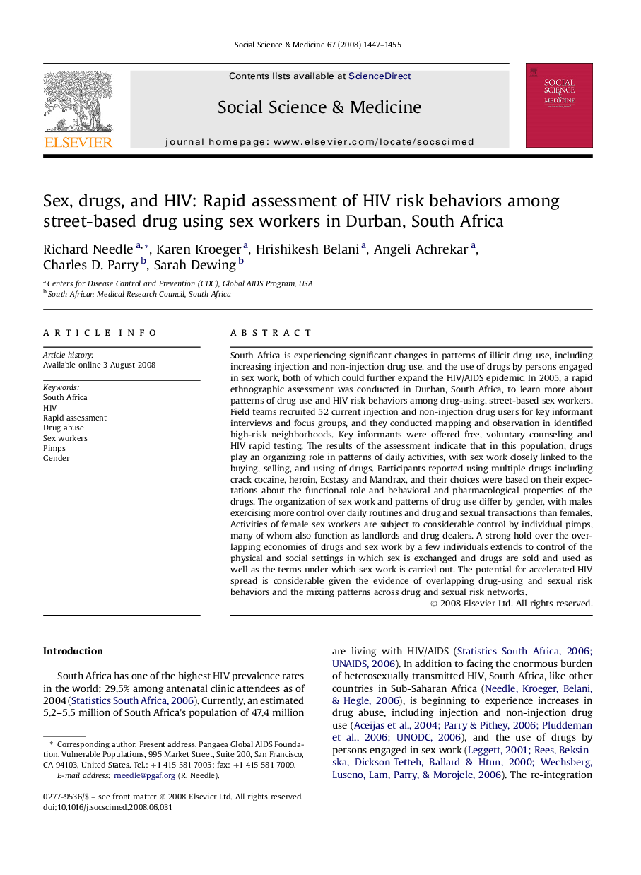 Sex, drugs, and HIV: Rapid assessment of HIV risk behaviors among street-based drug using sex workers in Durban, South Africa