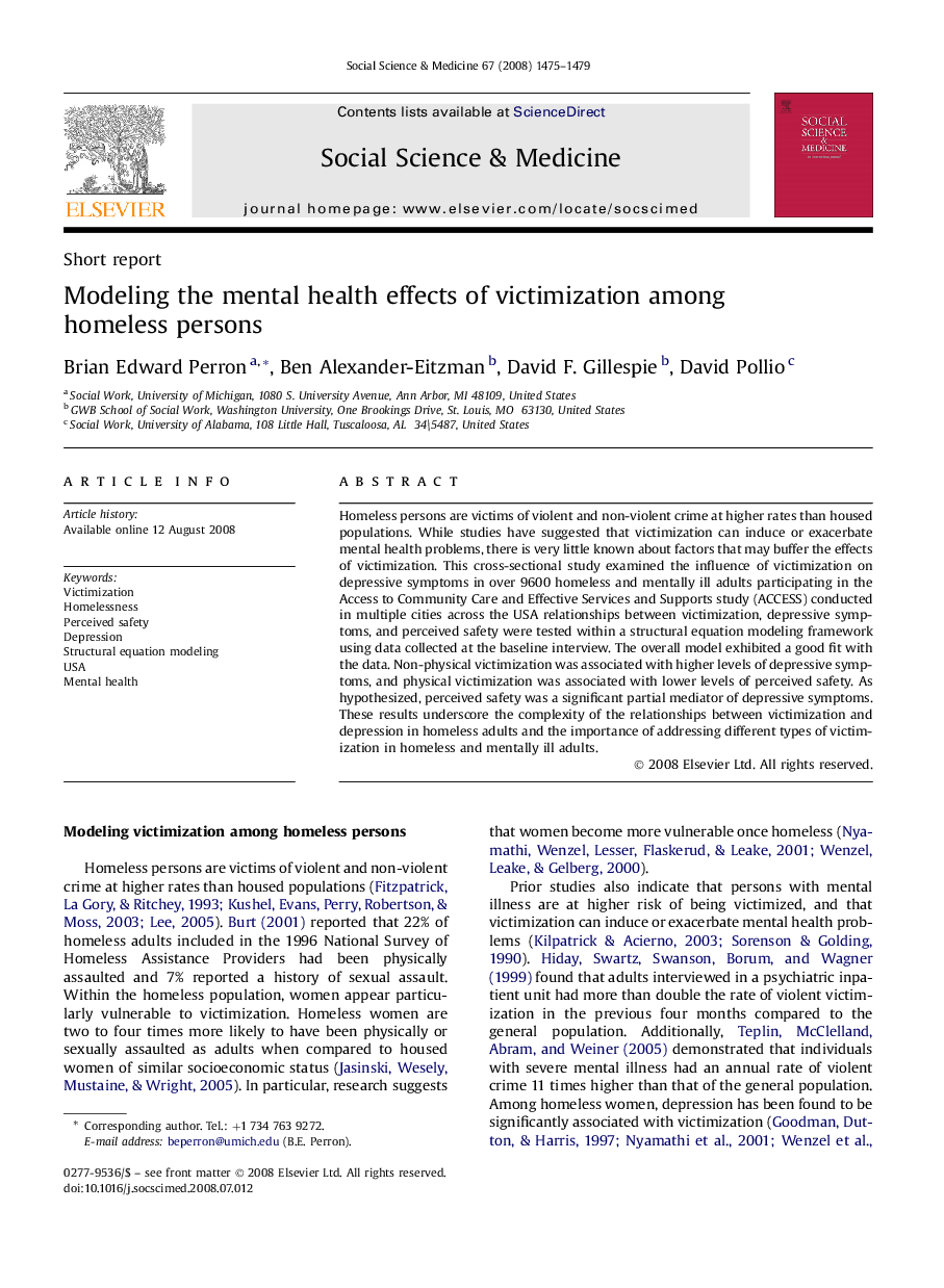 Modeling the mental health effects of victimization among homeless persons