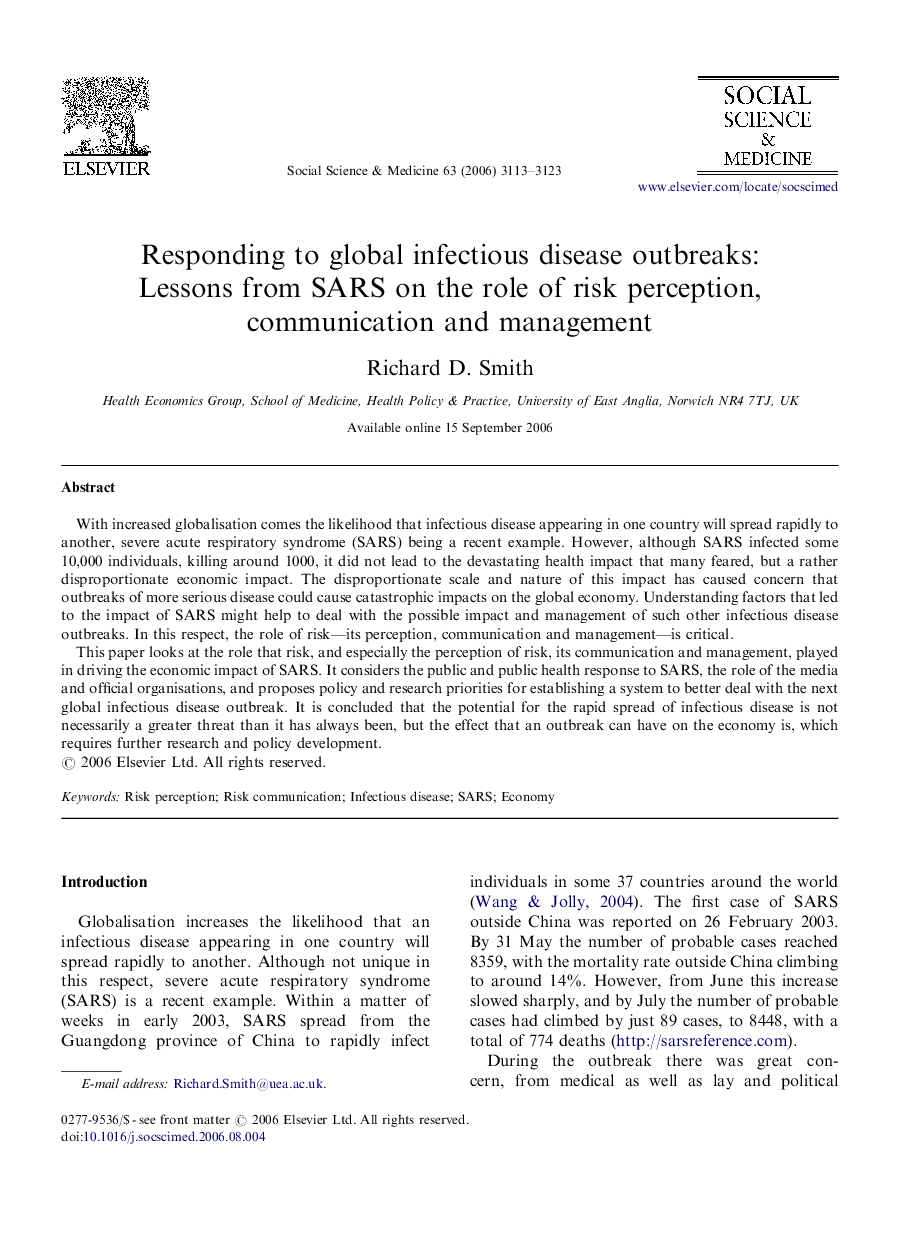 Responding to global infectious disease outbreaks: Lessons from SARS on the role of risk perception, communication and management