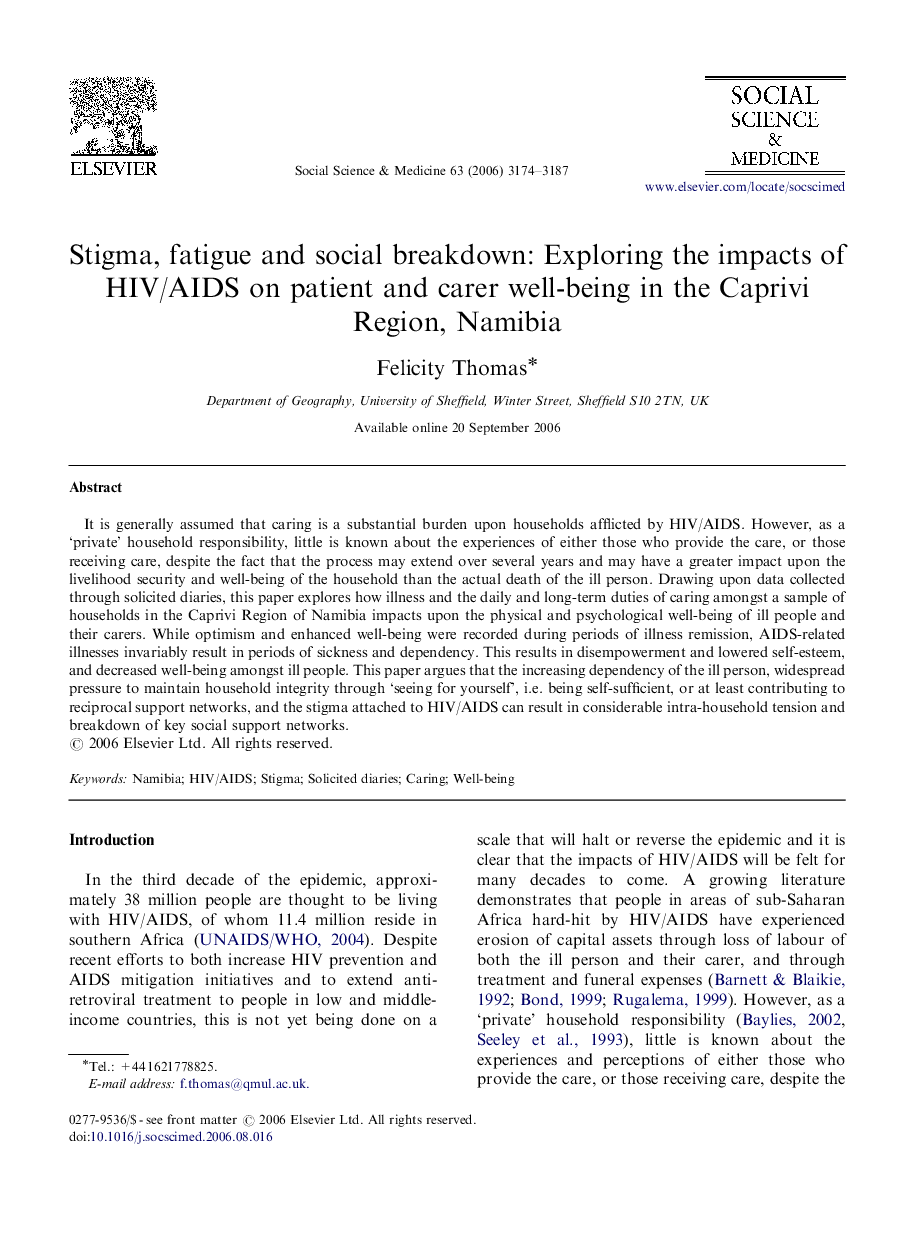 Stigma, fatigue and social breakdown: Exploring the impacts of HIV/AIDS on patient and carer well-being in the Caprivi Region, Namibia