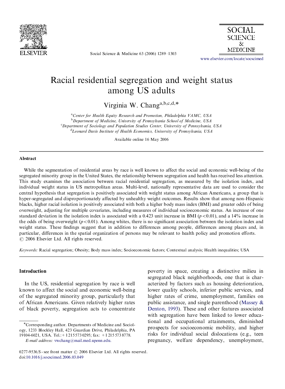 Racial residential segregation and weight status among US adults