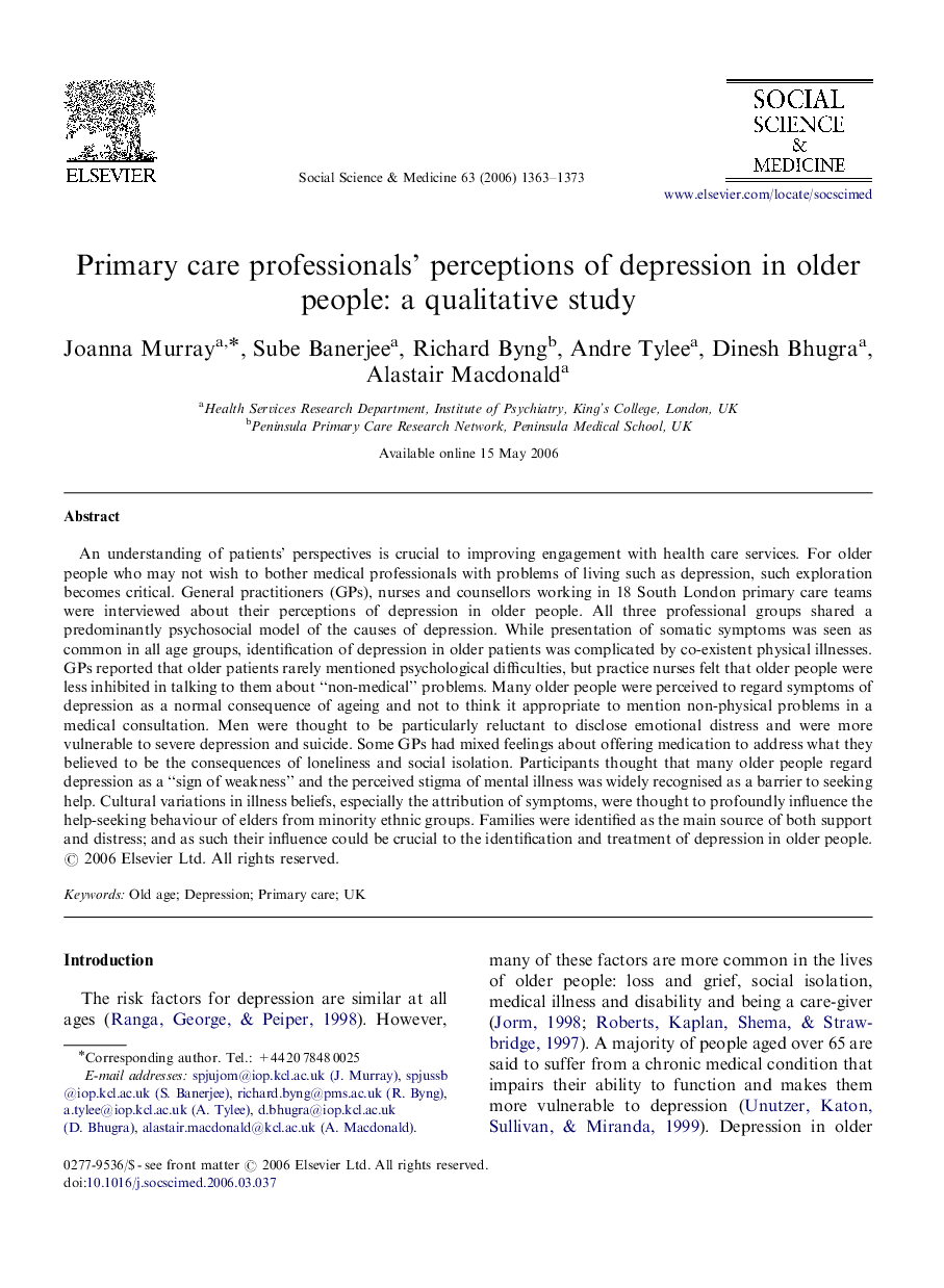 Primary care professionals’ perceptions of depression in older people: a qualitative study