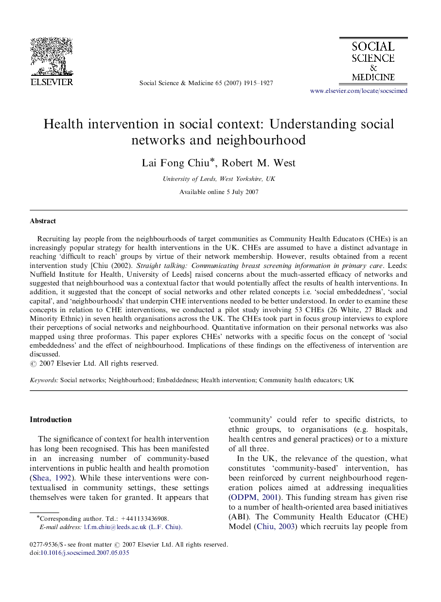 Health intervention in social context: Understanding social networks and neighbourhood