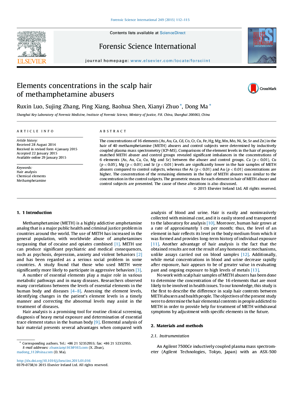 Elements concentrations in the scalp hair of methamphetamine abusers