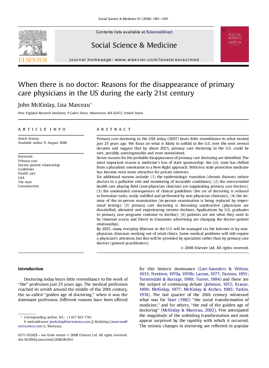 When there is no doctor: Reasons for the disappearance of primary care physicians in the US during the early 21st century