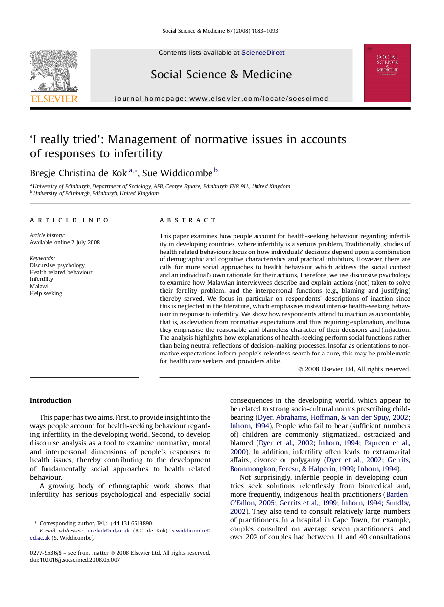 ‘I really tried’: Management of normative issues in accounts of responses to infertility