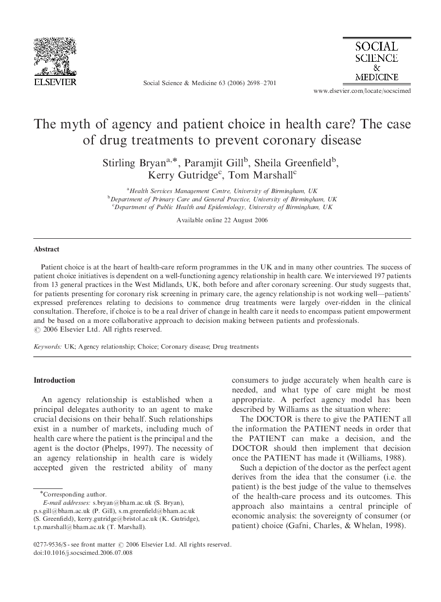 The myth of agency and patient choice in health care? The case of drug treatments to prevent coronary disease