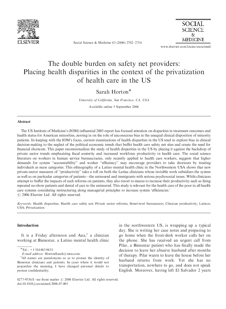 The double burden on safety net providers: Placing health disparities in the context of the privatization of health care in the US