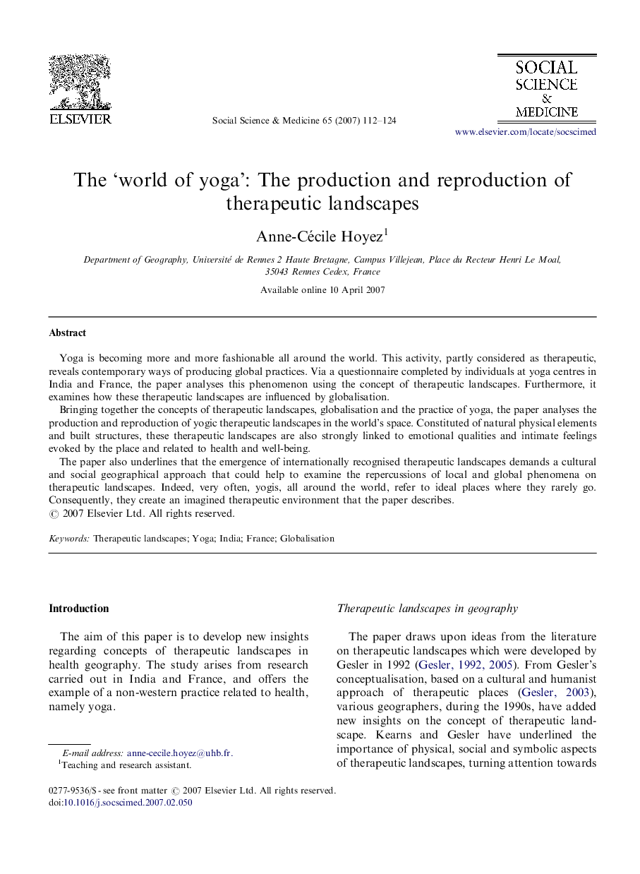 The ‘world of yoga’: The production and reproduction of therapeutic landscapes