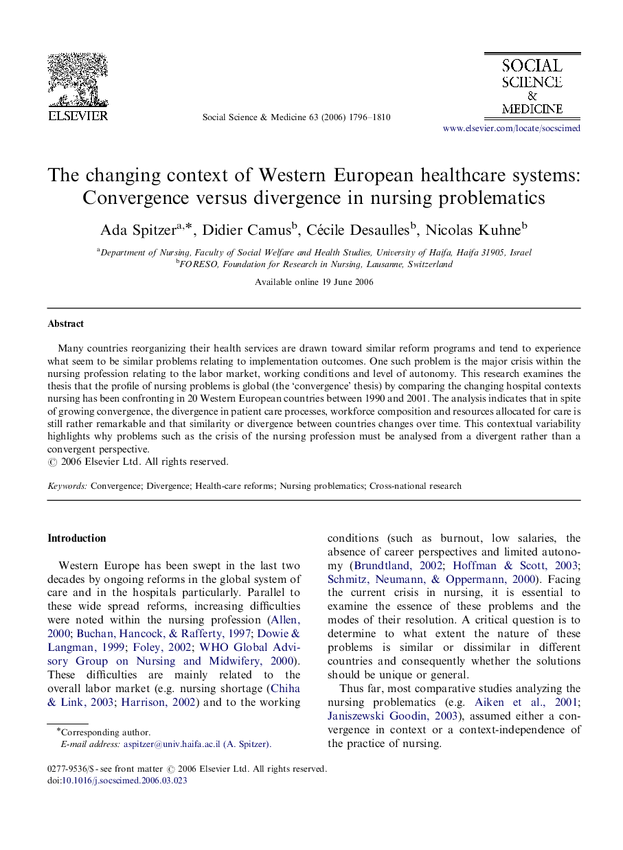 The changing context of Western European healthcare systems: Convergence versus divergence in nursing problematics