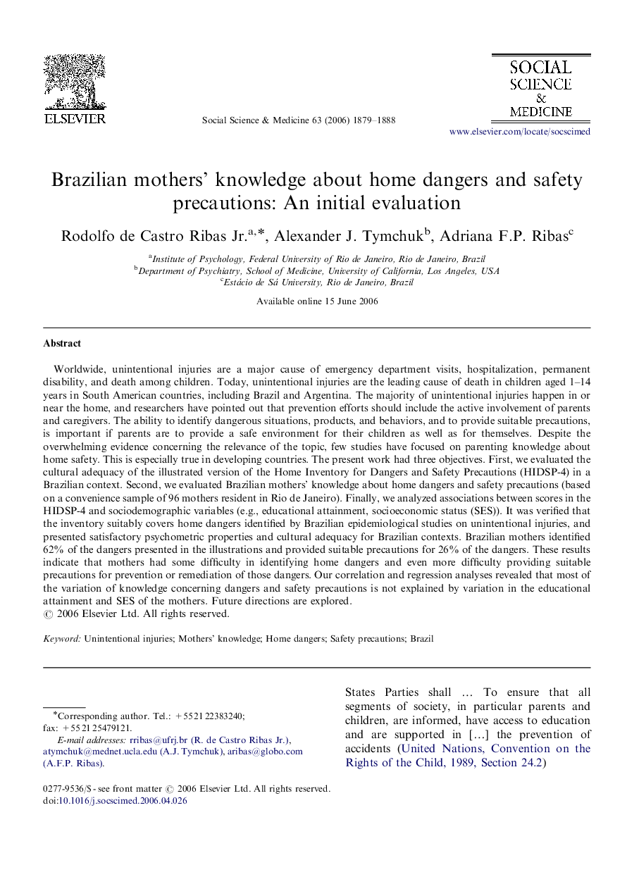 Brazilian mothers’ knowledge about home dangers and safety precautions: An initial evaluation