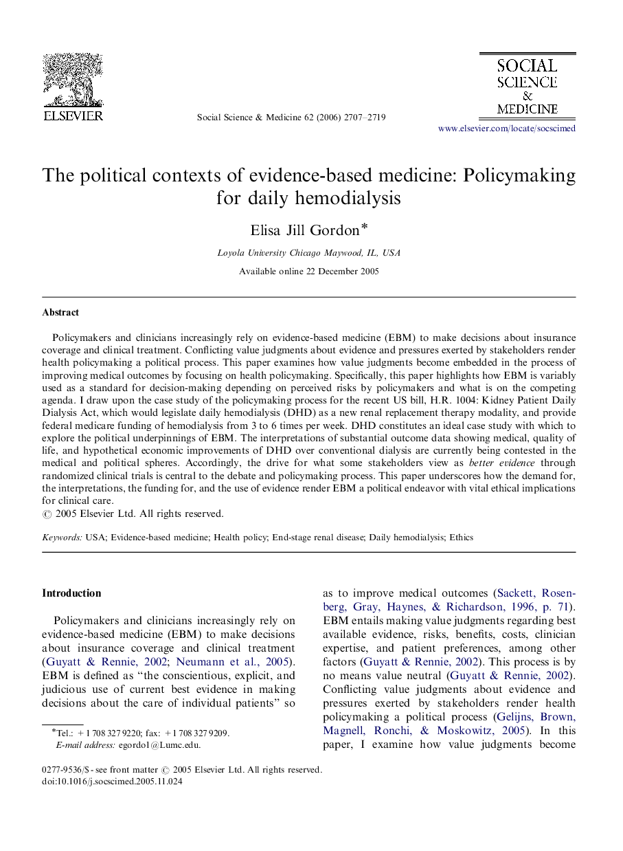 The political contexts of evidence-based medicine: Policymaking for daily hemodialysis