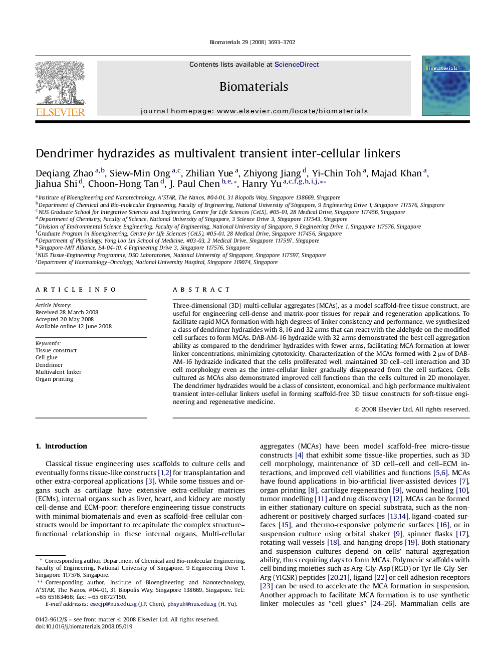 Dendrimer hydrazides as multivalent transient inter-cellular linkers