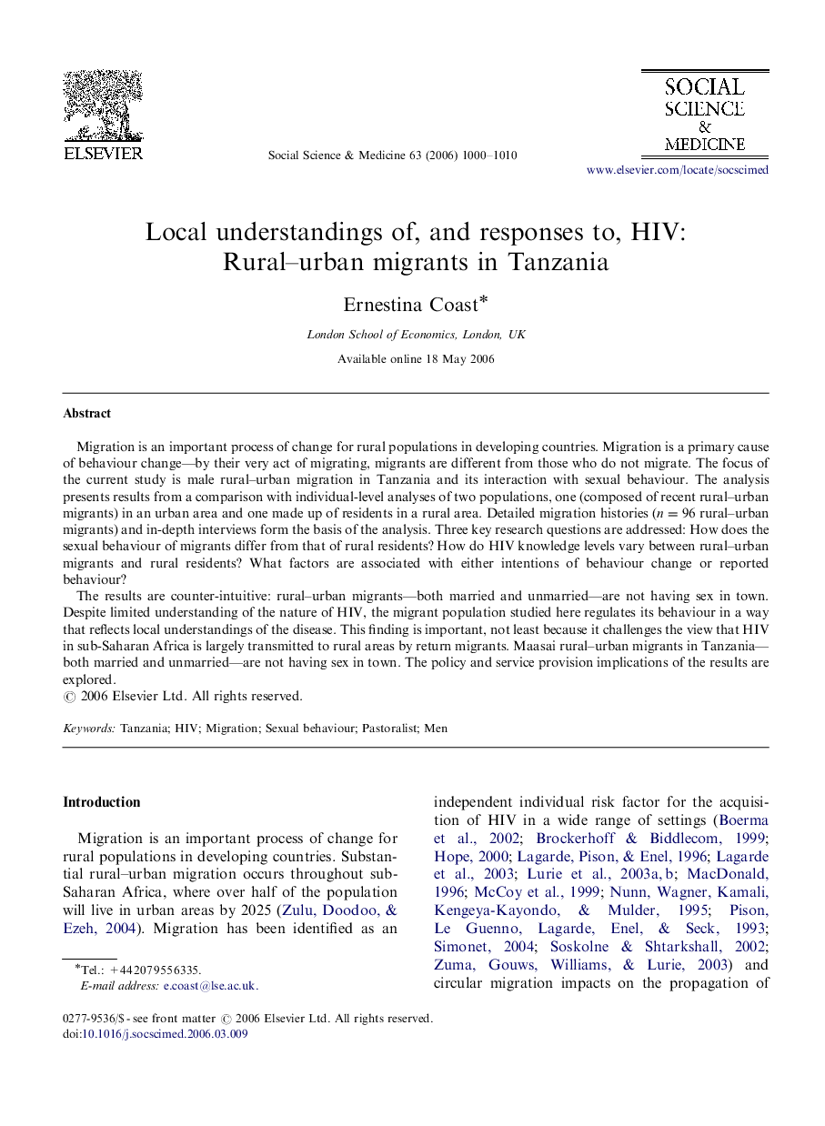 Local understandings of, and responses to, HIV: Rural–urban migrants in Tanzania