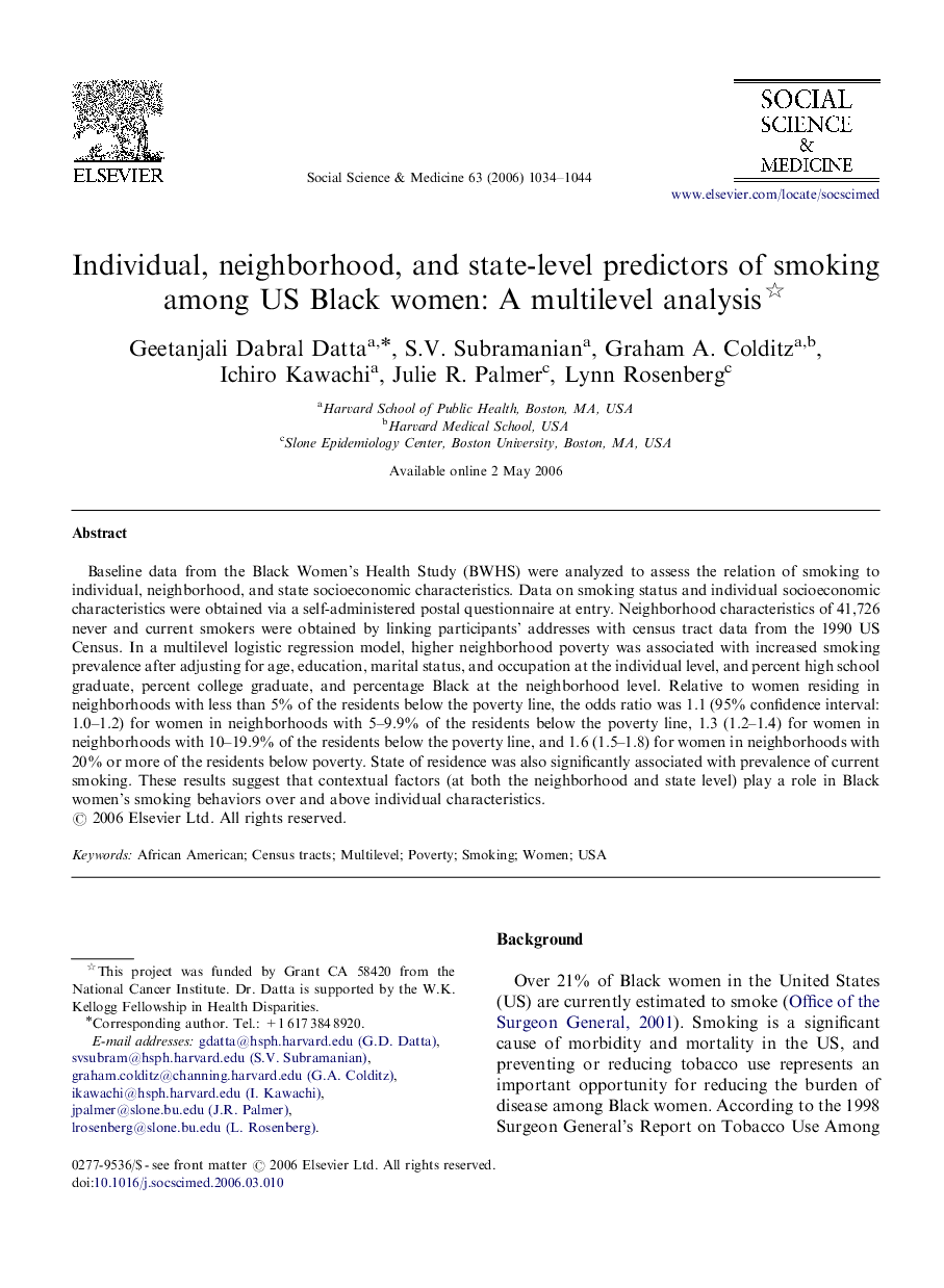 Individual, neighborhood, and state-level predictors of smoking among US Black women: A multilevel analysis 