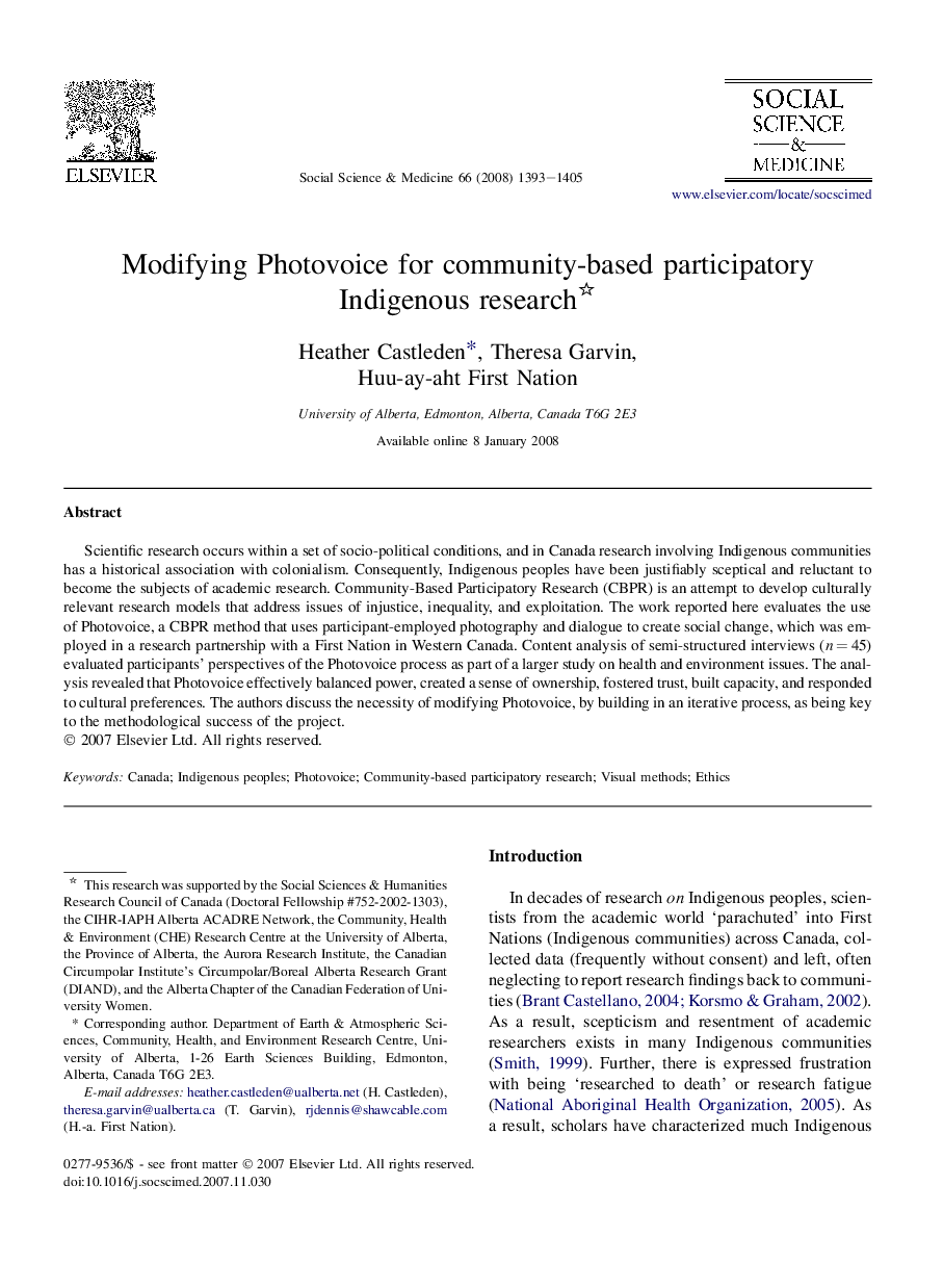 Modifying Photovoice for community-based participatory Indigenous research 