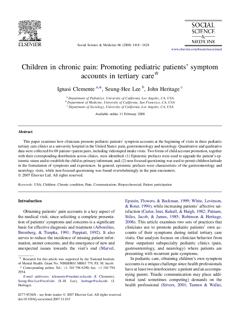 Children in chronic pain: Promoting pediatric patients' symptom accounts in tertiary care 