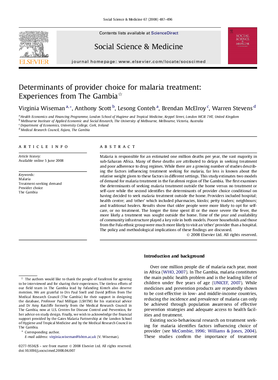 Determinants of provider choice for malaria treatment: Experiences from The Gambia 