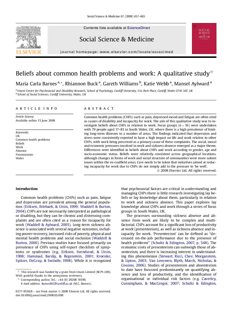 Beliefs about common health problems and work: A qualitative study 