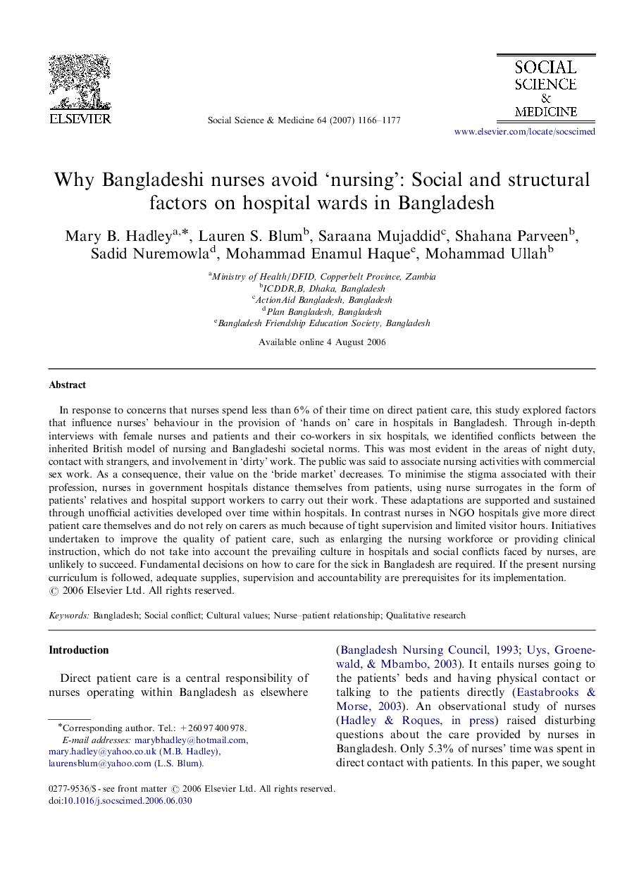 Why Bangladeshi nurses avoid ‘nursing’: Social and structural factors on hospital wards in Bangladesh