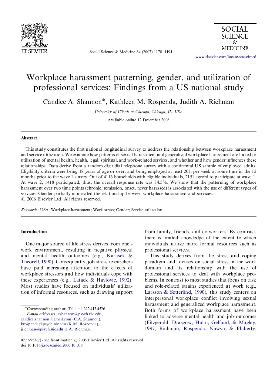 Workplace harassment patterning, gender, and utilization of professional services: Findings from a US national study