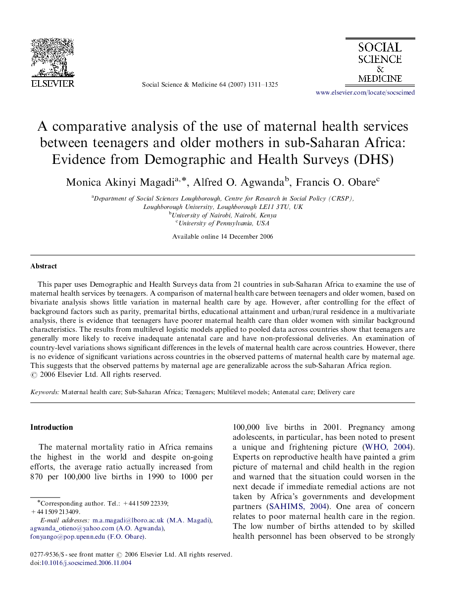 A comparative analysis of the use of maternal health services between teenagers and older mothers in sub-Saharan Africa: Evidence from Demographic and Health Surveys (DHS)