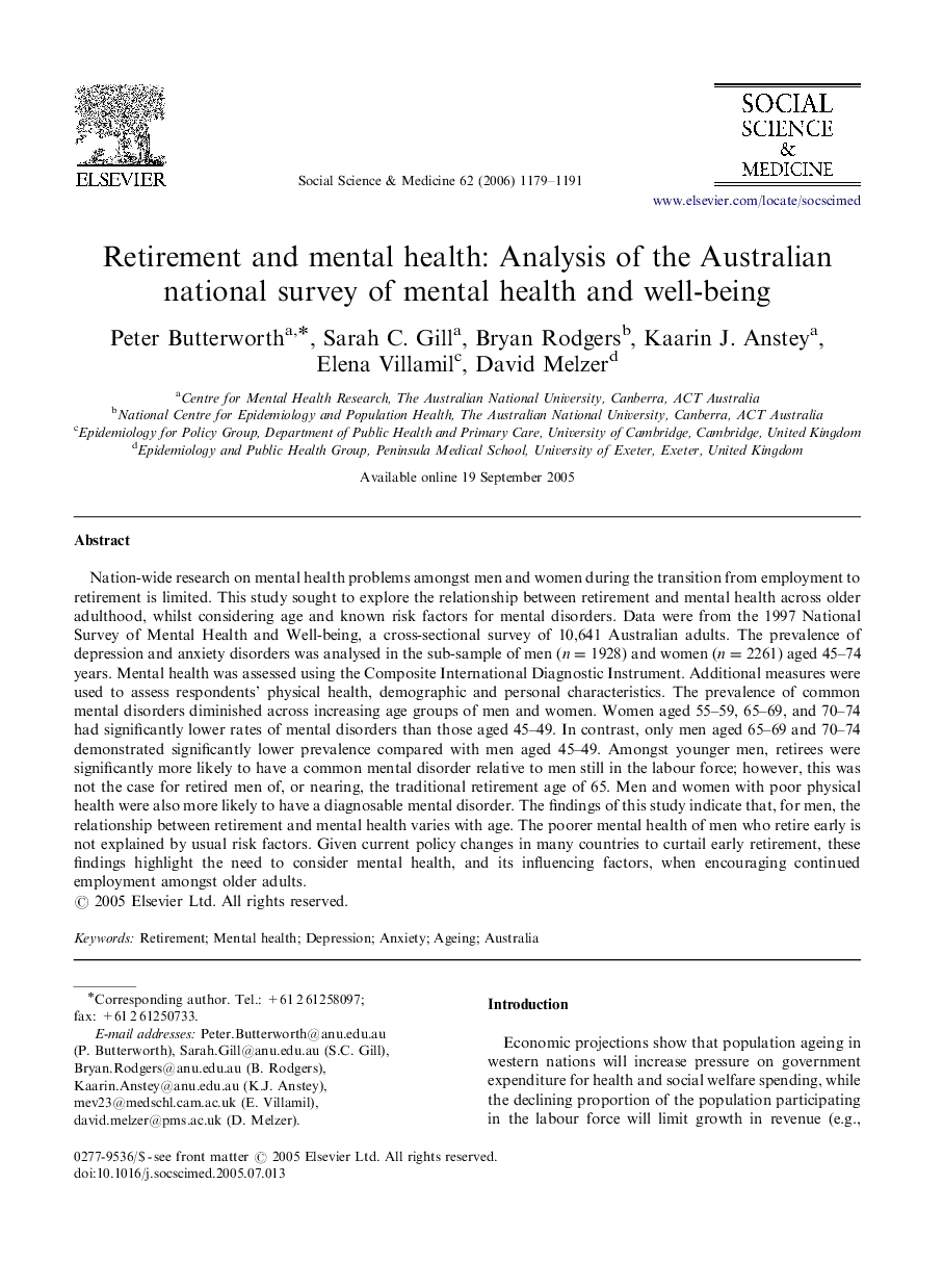 Retirement and mental health: Analysis of the Australian national survey of mental health and well-being