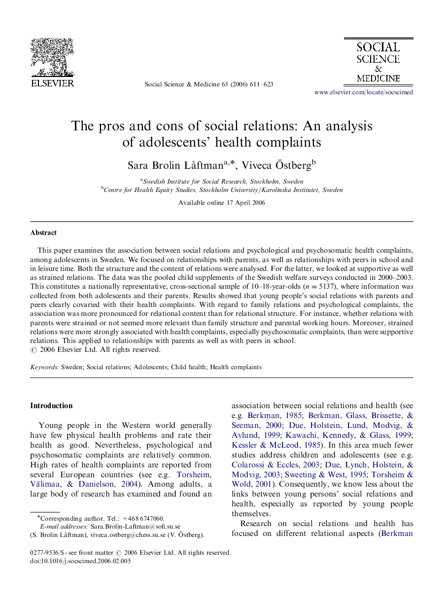 The pros and cons of social relations: An analysis of adolescents’ health complaints