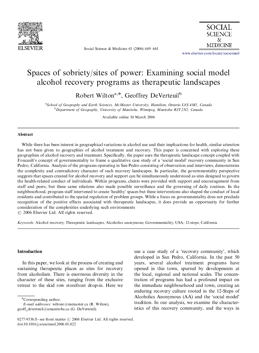 Spaces of sobriety/sites of power: Examining social model alcohol recovery programs as therapeutic landscapes